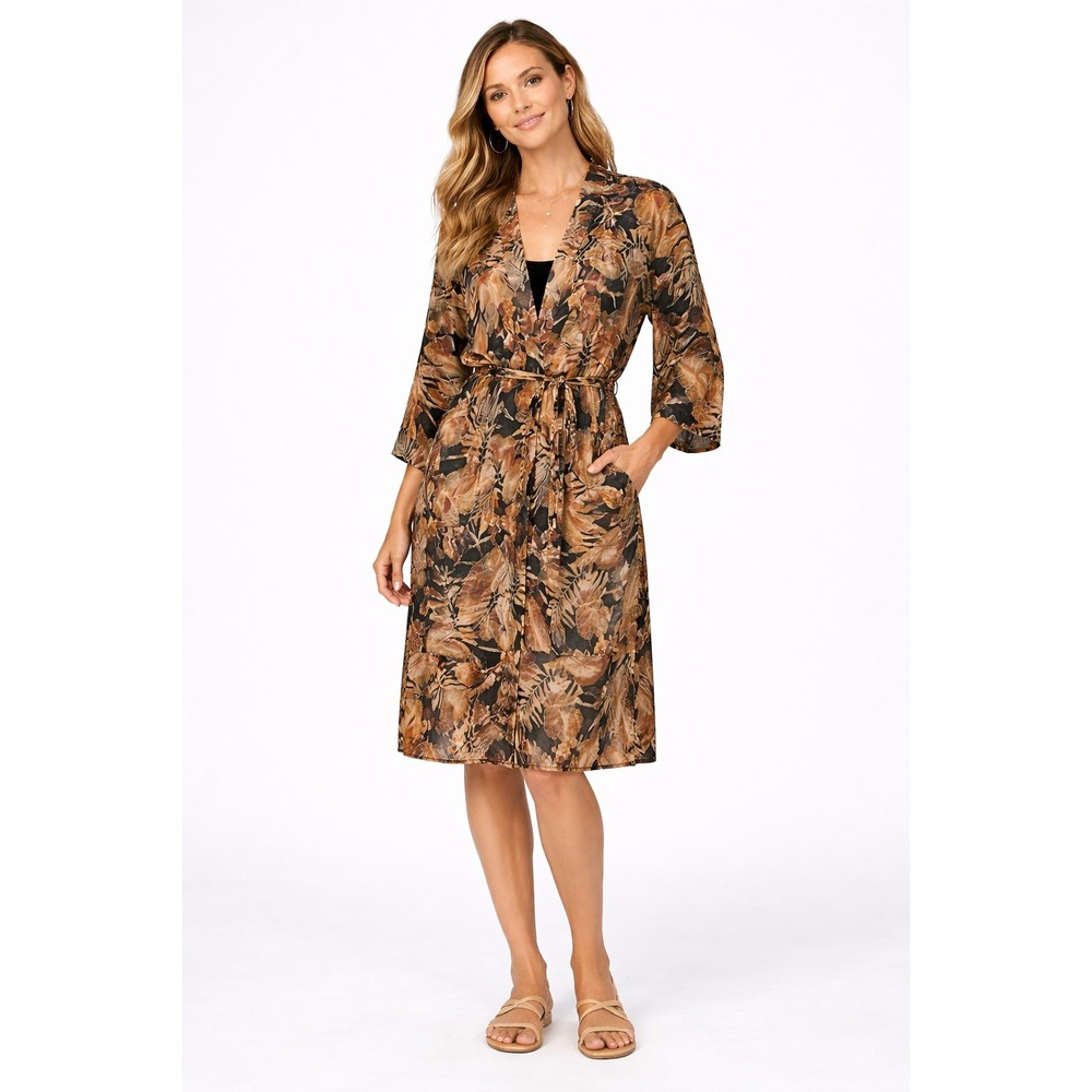 Tori Richard One Size Cotton Lawn Robe Tropical Leaf Print Brown Tan Long Kimono